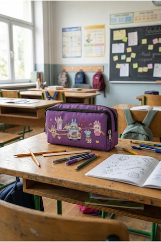 Çift Bölmeli Geniş Hacimli Mor Kalemlik Labubu Ve Araba Desenli Fermuarlı Okul Kalem Kutusu Mor