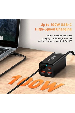 Motion003 100w Galiyum Nitrür Pd Şarj Cihazı Siyah 2 Usb-a 2 Tip-c Masaüstü Şarj Aleti 100w Çok Fonksiyonlu Pd Adaptörü Ab Fişli