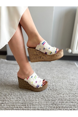 Asmi Shoes Kadın Limo Beyaz Kot Dolgulu Mantar Taban Terlik 10 Cm Beyaz