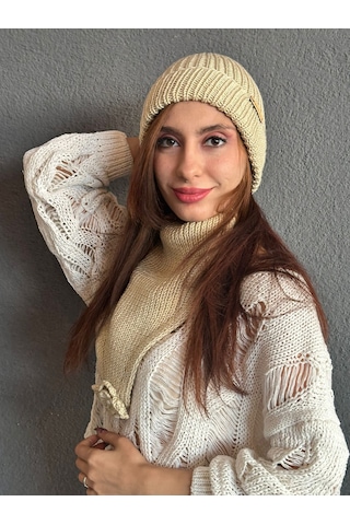 Gönülden Tasarım El Örgüsü Yumuşak Kadın Bere Boyunluk Set Krem Rengi