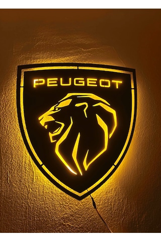 Motto Dekor Metal Amber Led Işıklı Peugeot Armalı Pejo Armalı Duvar Dekoru Duvar Aydınlatması Siyah