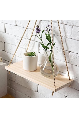 Beyaz Ahşap Salıncak Asılı Halat Duvara Monte Yüzer Raflar