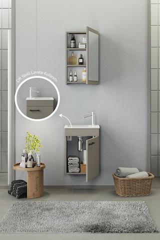 Biani Fix Loft Mini 42 Cm Banyo Dolabı,Seramik Lavabolu, Aynalı,Lavabo Dahil,Mdf,Latte