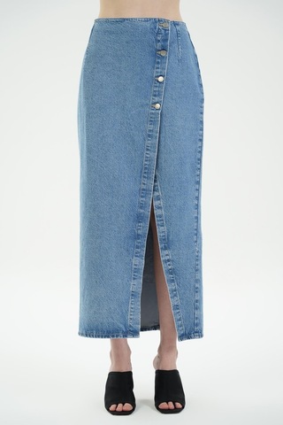 Açık Mavi Yüksek Bel Düğmeli Maxi Jean Etek C 4532-036 Açık Mavi