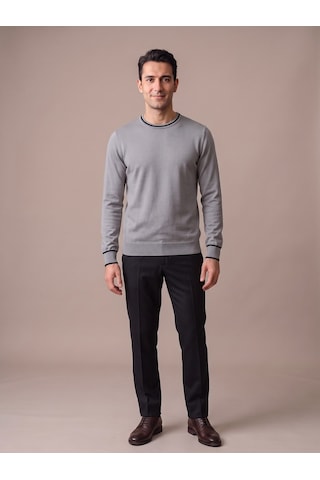Maccali Erkek Gri Kontrast Şeritli Bisiklet Yaka Triko Sweatshirt