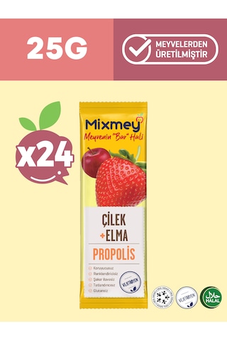 Mixmey Bee Propolis Çilek Meyve Barı 24 Adet | Atıştırmalıklar – Glutensiz (25GR X 24 ADET