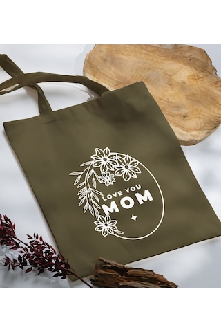 Bk Gift Anneler Günü Tasarımlı Haki Kumaş Bez Çanta, Baskılı Omuz Çantası, Alışveriş Çantası, Anneler Günü Hediyesi, Anneye Hediye-4 Çok Renkli