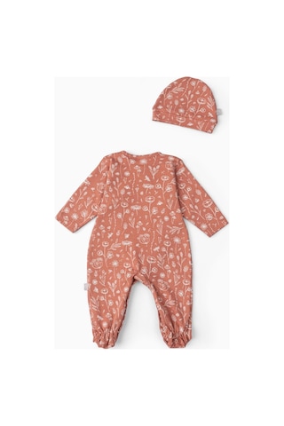 Boumini Bebek Patikli Tulum Şapka Set Bahar Çiçekli Kiremit Kiremit