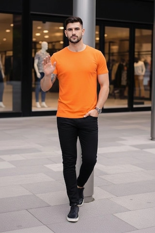 Novalisse Erkek Body Tişört Bisiklet Yaka Slim Fit Likralı T-shirt - Turuncu Çoklu Renk