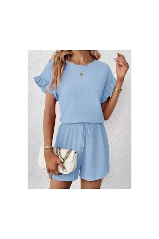 Butik İstanbul Kadın Kısa Kollu Bisiklet Yaka Bürümcük Bluz Ve Kısa Short Ikili Takım Mavi