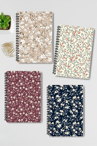 Mini Çiçekler Tasarım 4'lü Defter Seti - A5 Boyut, Tel Spiralli - Günlük, Ajanda, Okul Ve Anı Defteri A5, Çizgi