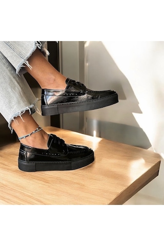 Ne&ve Shoes Siyah Kırışık Rugan Hakiki Deri Kadın Günlük Rahat Bağcıklı Ayakkabı