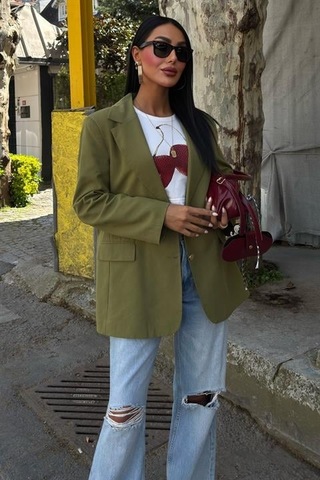 Uzun Kollu Ve Düğme Kapamalı Kruvaze Yakalı Oversize Blazer Kadın Keten Ceket Haki Haki
