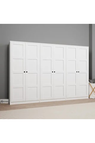Lucas 6 Kapaklı 10 Raflı Elbise Dolabı - Gardırop Seti Beyaz 282 Cm Beyaz