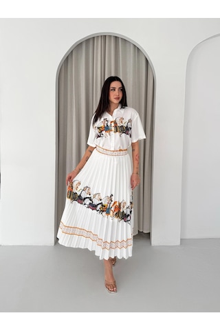 Asprinfashion Plise Etekli Baskılı Bayan Gömlek Etek Takım Beyaz