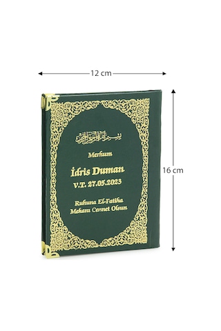 50 Adet İsim Baskılı Vav Desenli Yaldızlı Deri Ciltli Çanta Boy Yasin Kitabı Mevlüt Hediyesi 128 Sayfa Yeşil
