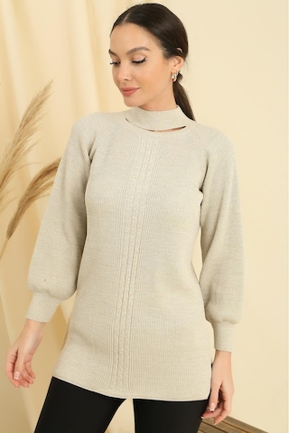 Boyun Dekolteli Saç Örgülü Desen Büyük Beden Spor Tunik Kazak-35294 - Bej
