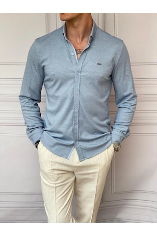 Modefendi Slimfit Merserize Pamuk Uzun Kollu Gömlek Mavi