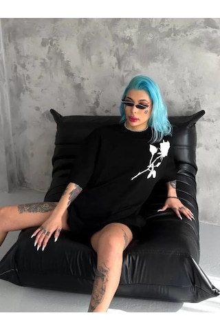 Modi Unisex Bisiklet Yaka Baskılı Oversize T-shirt - Siyah - Mymg102532