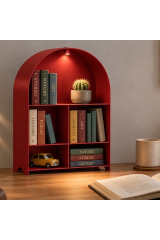 Led Işıklı Modern Metal Kitaplık Çok Amaçlı Dekoratif Raf Ev Düzenleyici Kırmızı
