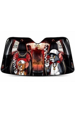 Tom & Jerry Figürlü Oto Ön Cam Metalize Güneşlik Universal Baskılı Metal Güneşlik Tom Ve Jerry Baskılı 135x65 Cm