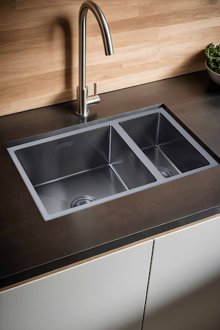 Uka Serisi %100 Krom 70x45 Paslanmaz Mutfak Eviyesi, Mutfak Lavabosu Sifon Dahil Siyah