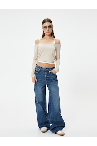 Koton Askılı Madonna Yaka Omzu Açık Tişört Uzun Kollu Renk Kontrastlı Slim Fit Kahverengi 4sal10694ık Kahve