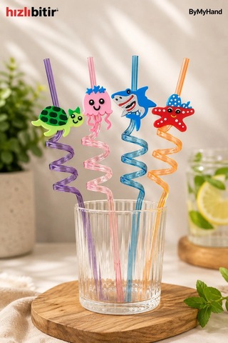 Bymyhand Plastik Kıvrımlı Renkli Karışık Figürlü 4'lü Pipet Set Karışık Renk Ve Model Çok Renkli