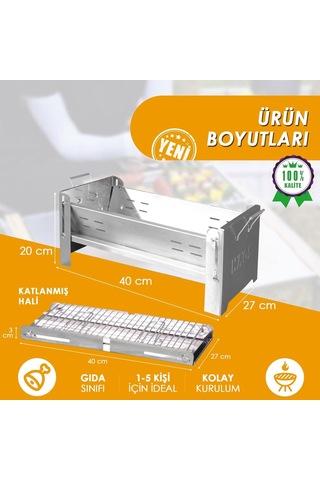 Katlanır Mangal, Paslanmaz Çelik, Barbekü Kömür Mangalı, Izgaralı, Portatif Taşınabilir Pratik Mangal Çok Renkli