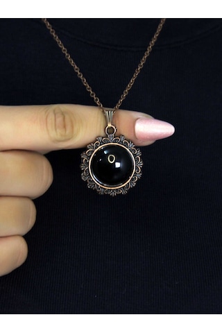 Doğal Taş Oniks Doğal Taşlı Desenli Otantik Kadın Kolye 45 Cm Zincirli Bakır Rengi Euk28o2 Siyah