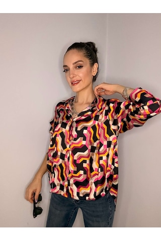 Ali Butik Retro Pembe Desenli Saten Gömlek Pembe