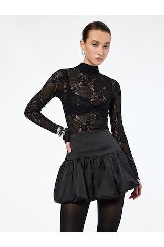 Koton Transparan Slim Fit Dik Yaka Uzun Kollu Dantel Bluz Siyah 6wak50215ek Siyah