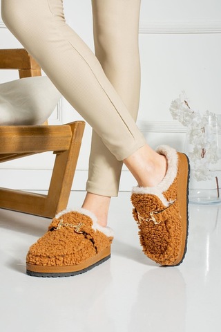 Shoetek Lamia Kadın Terlik Tokalı İçi Kürklü Taba Taba