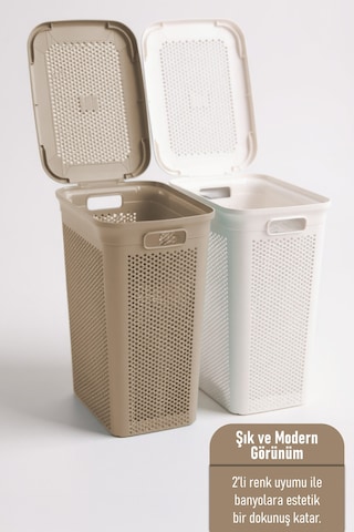 İronika Slim İki Bölmeli Kapaklı Dekoratif Kirli Çamaşır Sepeti 90 Litre Kahve - Beyaz Kahve