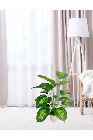 Yapay Çiçek Difenbahya Tropik Salon Çiçeği Beyaz Saksılı Yapay Bitki