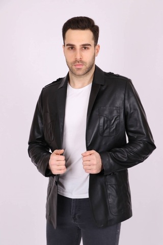 Erkek Siyah Hakiki Deri Yakalı Casual Klasik Ceket Mont