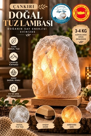 Çankırı 3-4 Kg Gri Doğal Kaya Tuzu Lambası Ahşap Kaideli Dekoratif Lamba