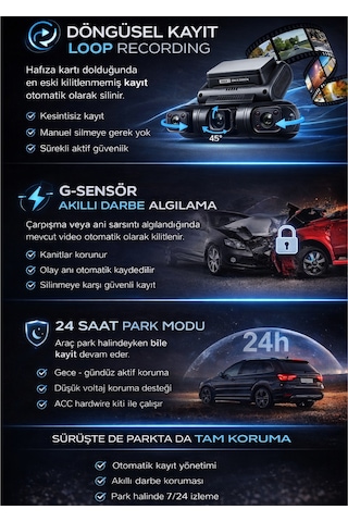 X19 Premium 4 Lens Araç İçi Kamera Wifi Gps 4k Ultra Hd Ön Arka İç Kamera Gece Görüşü Park Modu Dvr