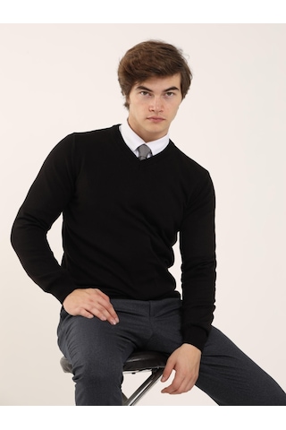 Dufy Siyah Erkek Slim Fit V Yaka Triko - 91127 Siyah