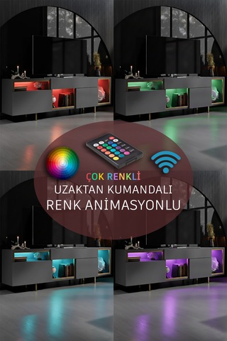 Norm Gold Demir Ayaklı Rgb Led Işık Sistemli Antrasit Tv Ünitesi Tv Sehpası Antrasit - Altın