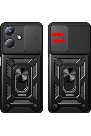 İnfinix Hot 30 Play Kılıf Magnetik Standlı Kamera Korumalı Zore Sürgülü Vega Kapak Siyah