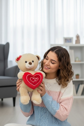 Kırmızı Tokalı Sevimli Yumuşacık 35 Cm Kalpli Peluş Ayıcık Uyku Arkadaşı Hediyelik Çok Renkli