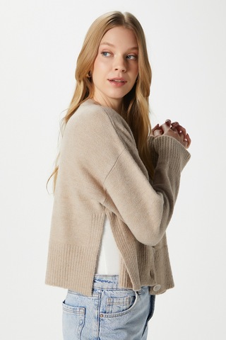 Ritnice Kadın Keep Yan Yırtmaçlı Yumuşak Dokulu Vizon Basic Triko Hırka 70145 Vizon