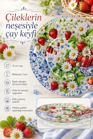 6 Lı Cam Çay Tabağı Çilek Ve Papatya Desenli 12 Cm 6 Adet Çay Tabak Kırmızı