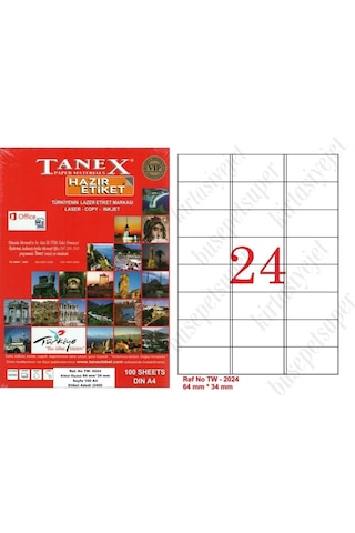Tanex Tw-2024 Ebat 64 X 34 MM Lazer Etiket A4 Sayfada 24 Etiket