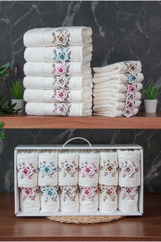 %100 Pamuklu 3d Çiçek İşlemeli 12 Li Analı Kızlı Çeyizlik Havlu Seti 50x90 Cm - 00030 Beyaz