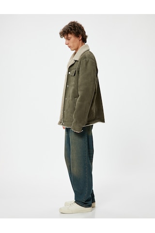 Koton Süet Görünümlü Ceket Slim Fit Peluş Detaylı Gömlek Yaka Haki 5wam20075hw Haki