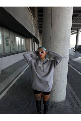 Mbb E-ticaret Kadın Kapüşonlu Kanguru Cepli Sweatshirt 3 İplik Pamuklu Baskılı Hoodie - Gri
