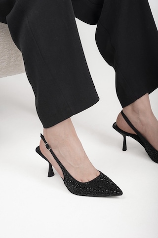 Stilbagshoes Jenny İthal Taş Detaylı Arka Açık Kadın Topuklu Ayakkabı Siyah Siyah