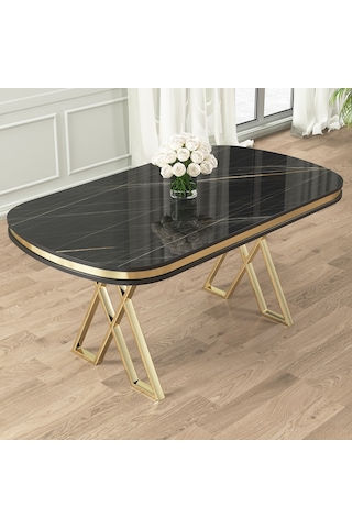 Nisare Serisi 90x168 Lak Panel Siyah Mermer Desen Masa Takımı Gold Ayaklı 6 Sandalye Siyah Mermer - Siyah